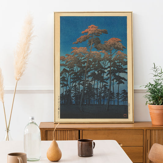 Tall pine trees with vivid blue sky at Hikawa Park in Omiya by Kawase Hasui Japanese artwork wall art poster, framed and displayed in home decor