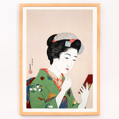 Closeup detail of High resolution fine art poster of Japanese woman in kimono applying makeup by Goyo Hashiguchi Woman Applying Rouge