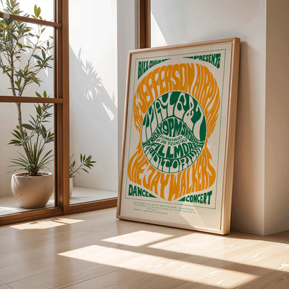 Psychedelic concert poster by Wes Wilson for The Jefferson Airplane and Jay Walkers at Fillmore Auditorium with vibrant orange and green text, framed and displayed in home decor