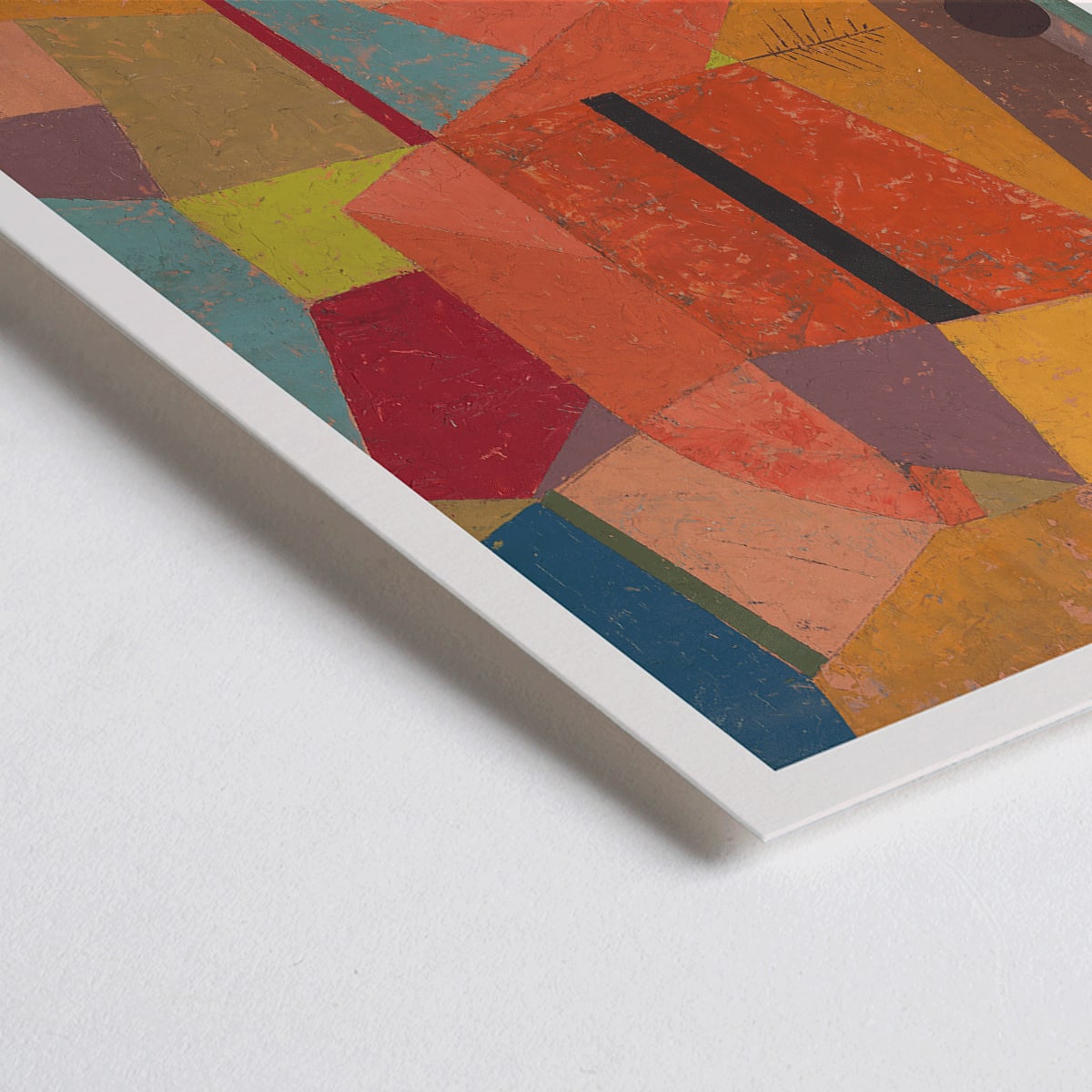 Closeup detail of Joyful Mountain Landscape by Paul Klee vibrant abstract colors geometric shapes poster of mountainous scene