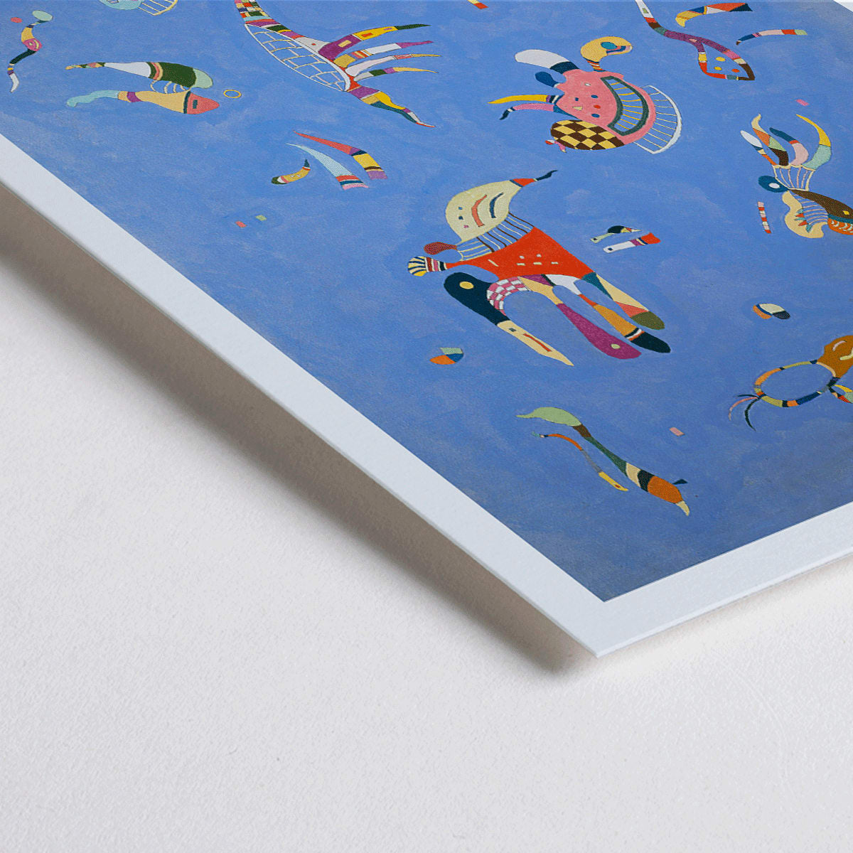 Closeup detail of Bleu de Ciel by Wassily Kandinsky abstract blue artwork poster with colorful geometric shapes and vibrant colors on a blue background