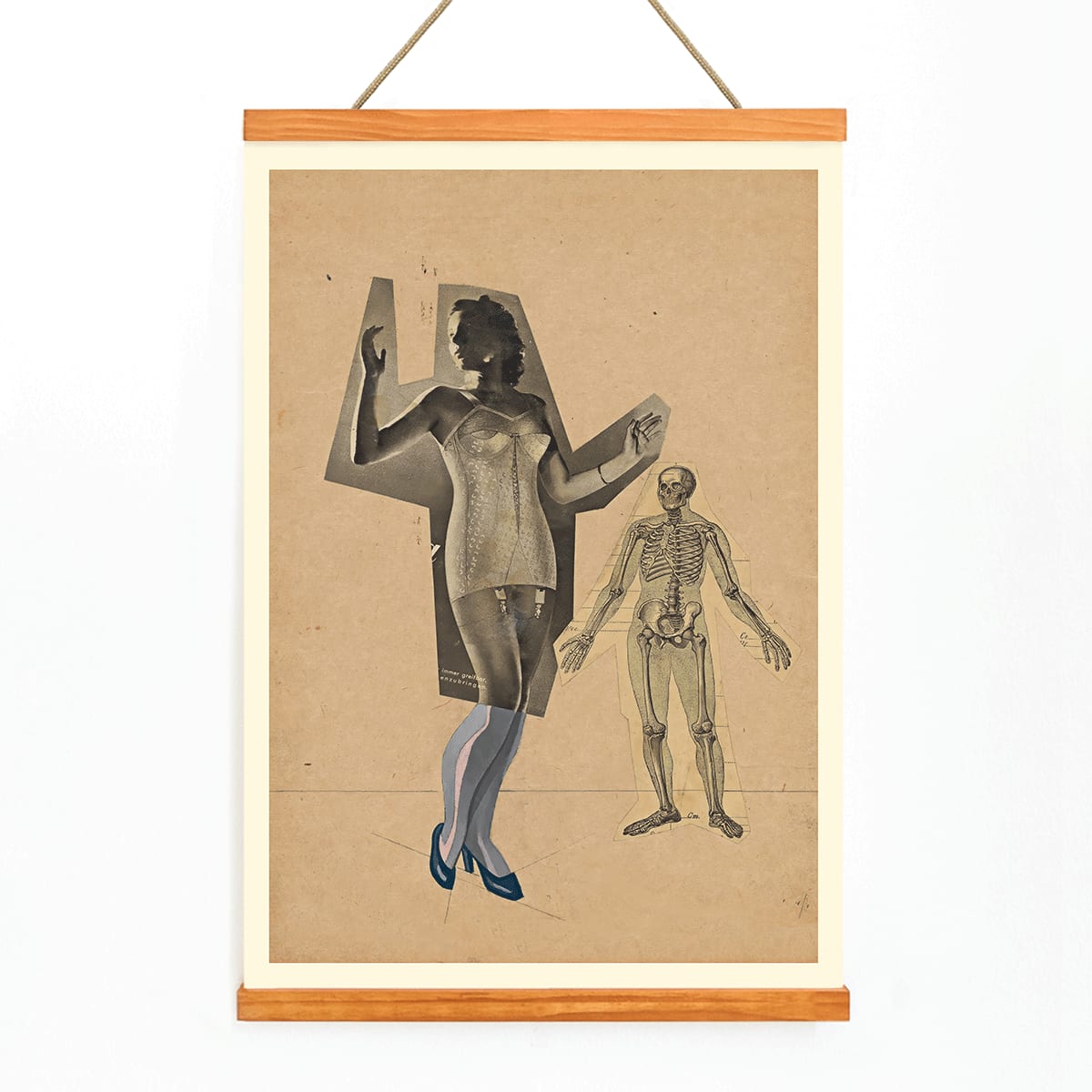 Collage and poster of a woman and skeleton Girl and Death artwork by Karl Wiener featuring a woman in a corset and skeleton illustration on a beige background, with wooden magnetic frame on white background