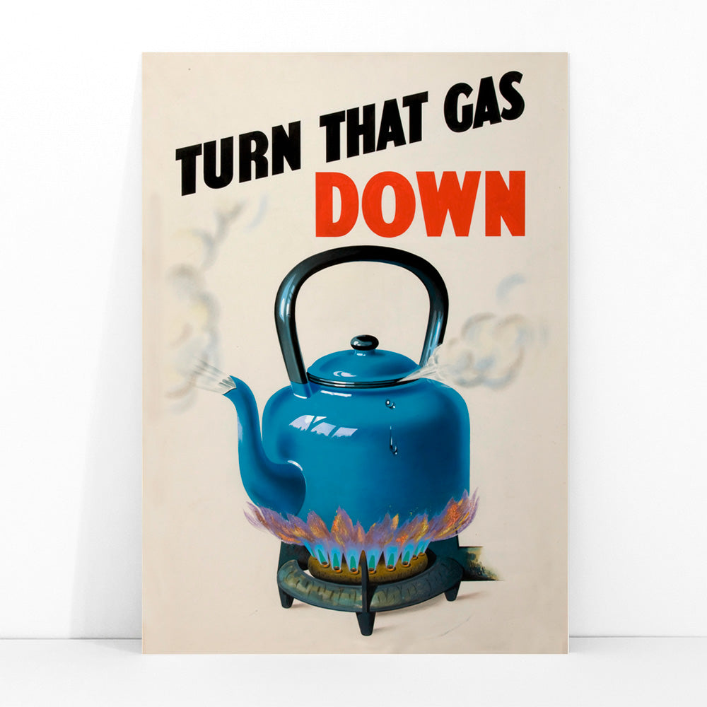 Blue kettle boiling on gas stove with steam and flames promoting energy saving from Turn that gas down artwork, framed and displayed in modern living room decor