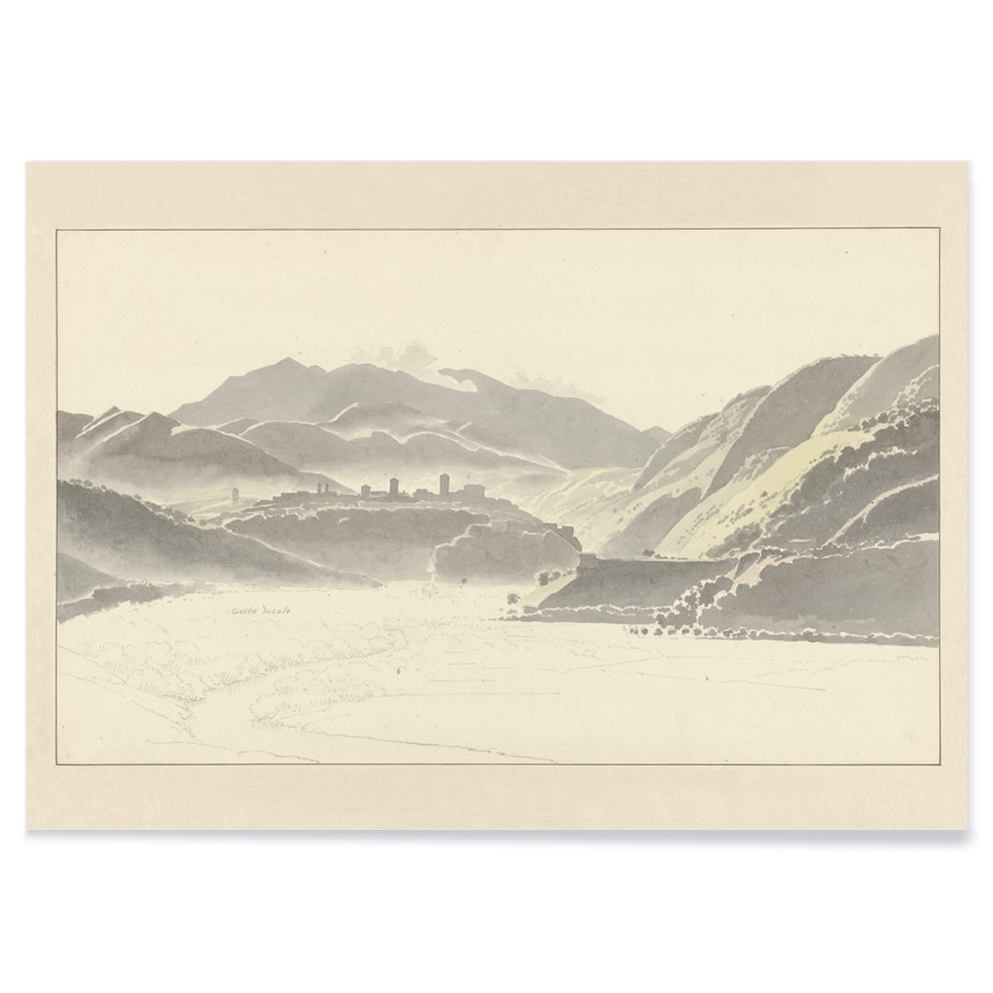 Landscape of Cittaducale with hills mountains and distant town by Josephus Augustus Knip poster titled View of Cittaducale, with black aluminium frame on white background