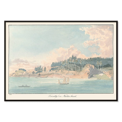 Seaside village and coastal landscape painting with sailboats and forested hill titled Friendly Cove Nootka Sound by Charles Hamilton Smith, with black aluminium frame on white background