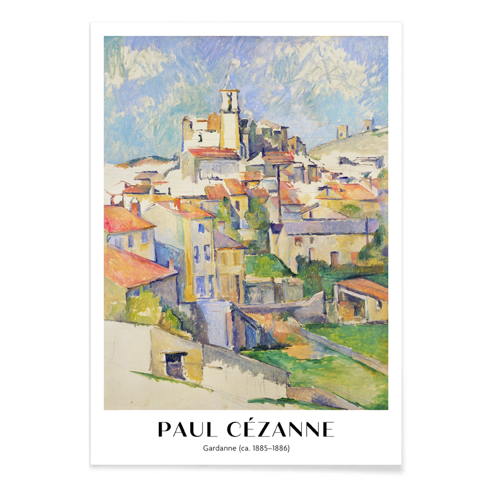 Colorful village landscape painting and poster of Gardanne by Paul Cézanne featuring red roofed houses and bright sky, with black aluminium frame on white background