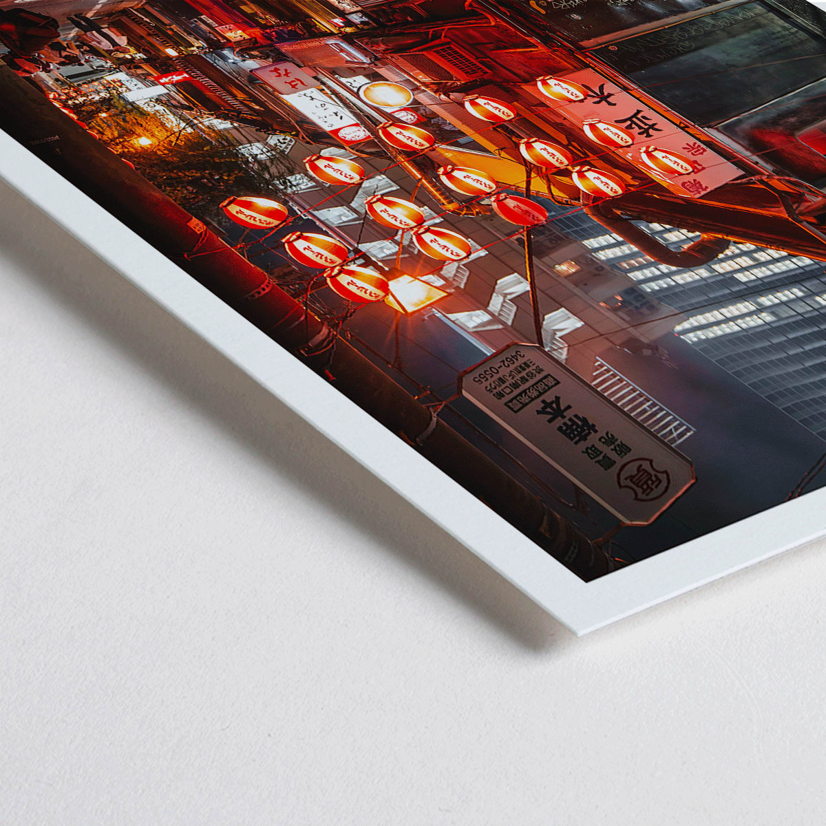 Closeup detail of Vibrant Tokyo street at night with illuminated lanterns artwork titled Tokyo Night by Mo Art Gallery