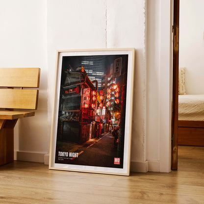 Vibrant Tokyo street at night with illuminated lanterns artwork titled Tokyo Night by Mo Art Gallery, framed and displayed in home decor