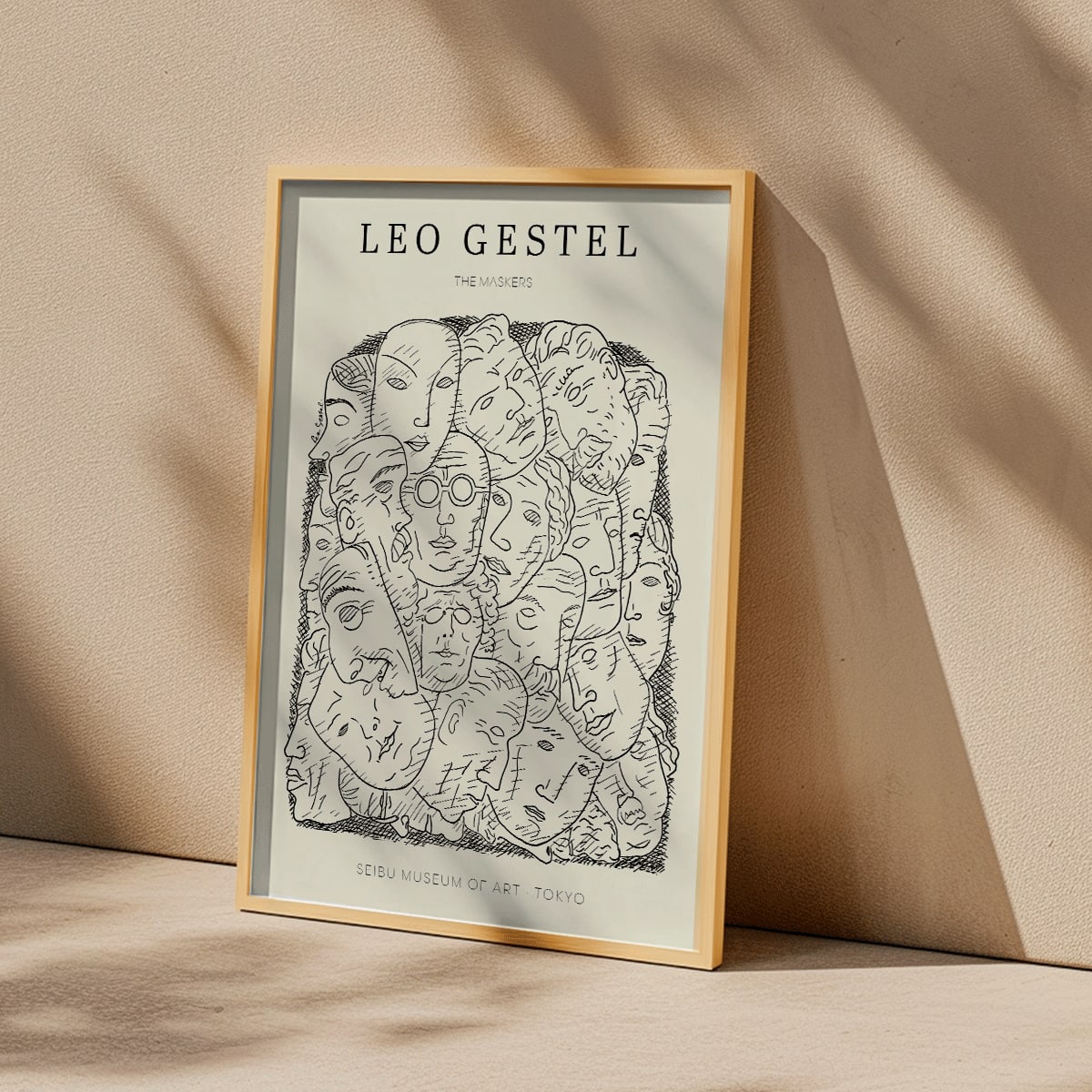 Leo Gestel Maskers artwork and poster featuring abstract faces and post-impressionist style exhibited at Seibu Museum of Art Tokyo, framed and displayed in home decor