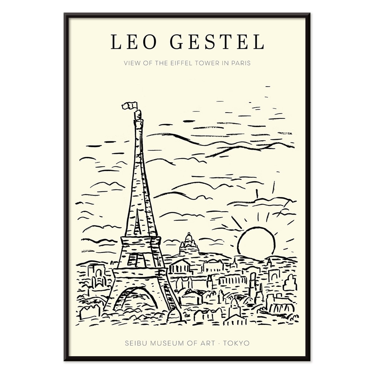 Artwork by Leo Gestel View of the Eiffel Tower in Paris sketch of Eiffel Tower and cityscape poster, with black aluminium frame on white background