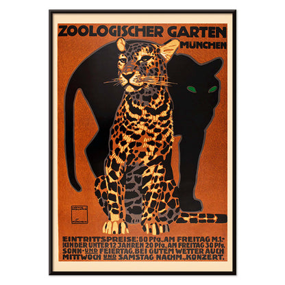 Leopard and black panther poster for Zoologischer Garten München by Ludwig Hohlwein featuring bold text artwork, with black aluminium frame on white background