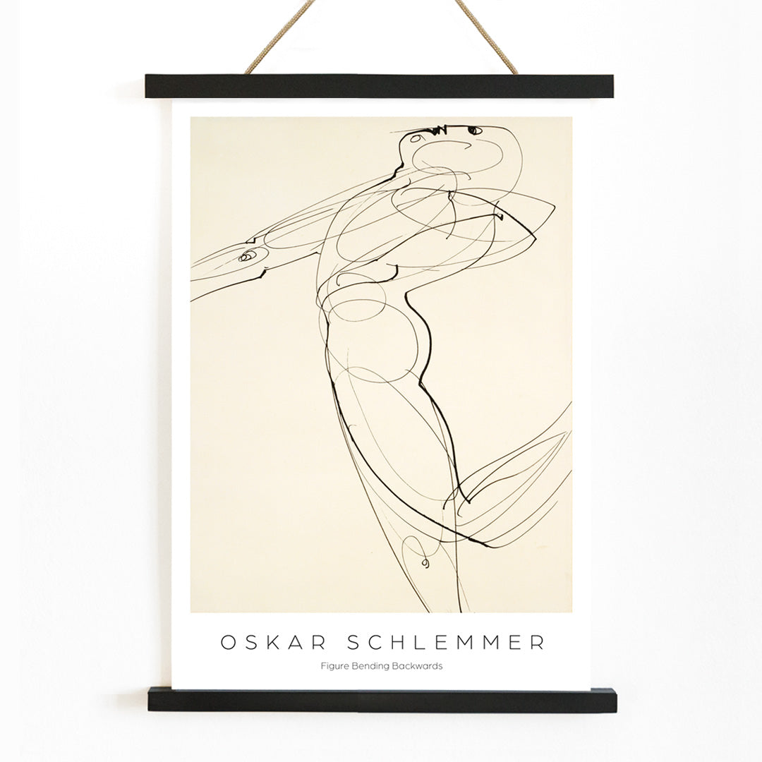 Abstract line drawing poster of a human figure bending backwards by Oskar Schlemmer from Figure Bending Backwards, with wooden magnetic frame on white background