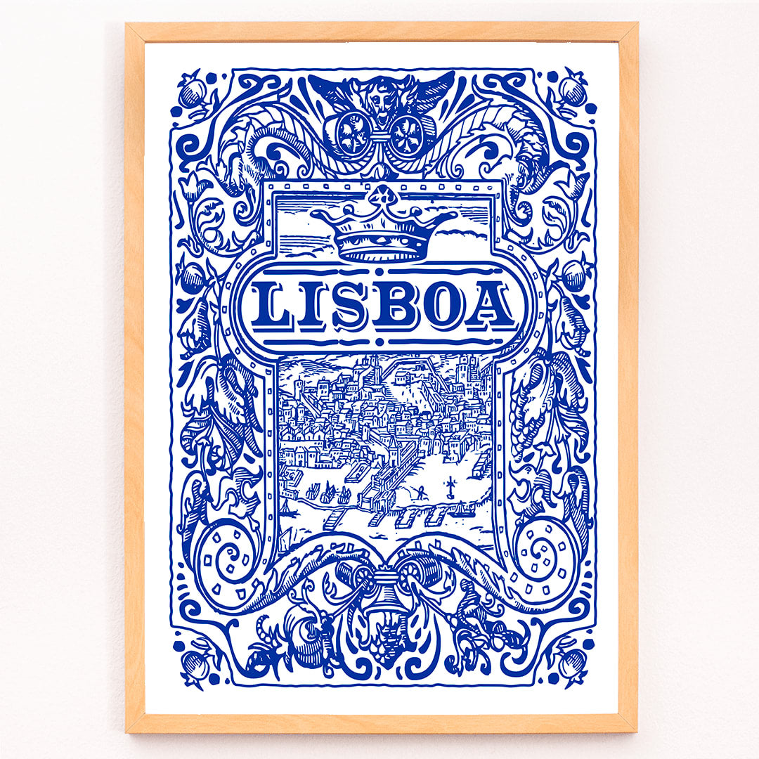 Artistic depiction and poster of Lisbon cityscape in blue and white azulejos with ornate designs titled Lisbon Azulejo Blue painted tile 2, framed and displayed in modern living room decor