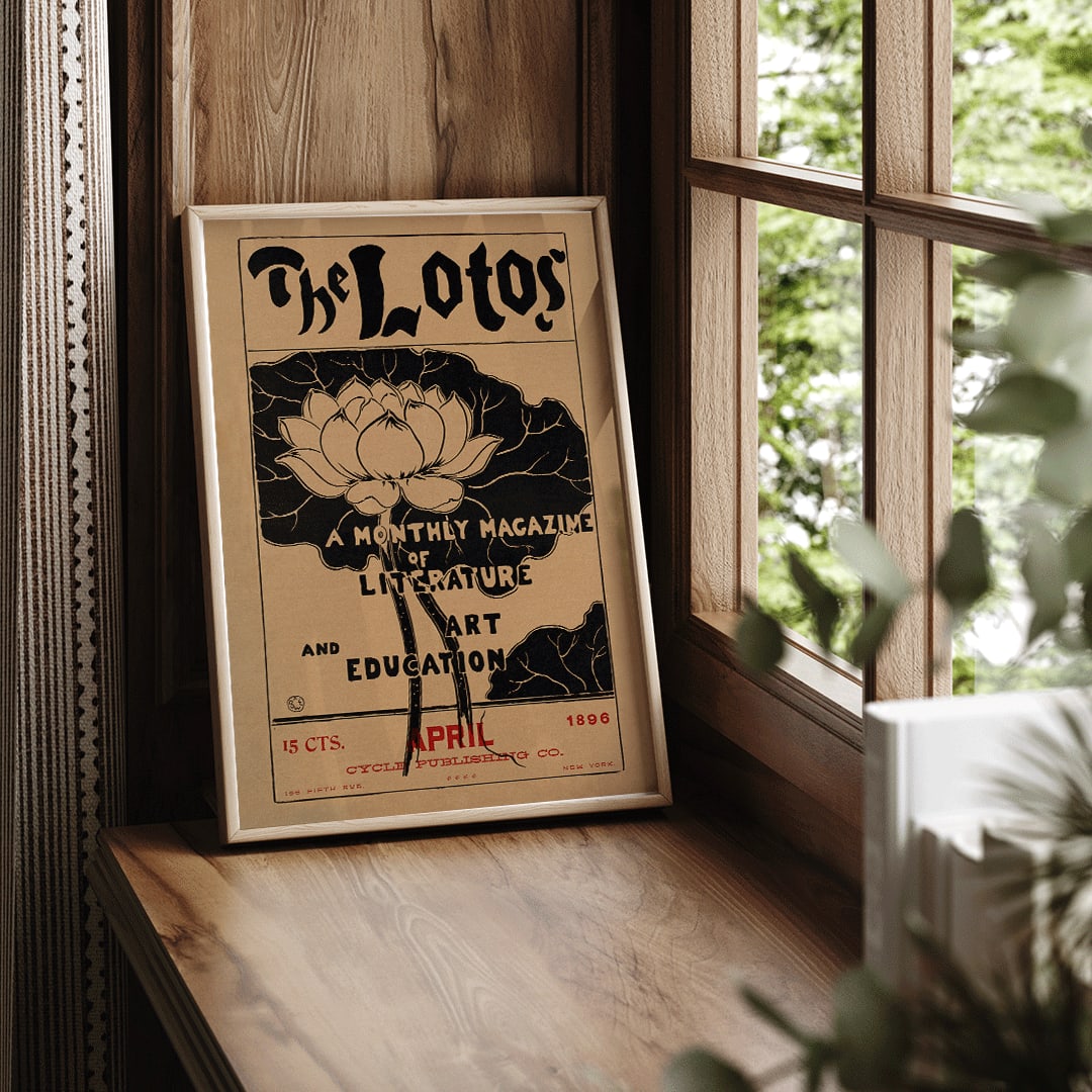The Lotos monthly magazine cover and poster by Arthur Wesley Dow featuring lotus flower illustration and art education themed typography, framed and displayed in home decor