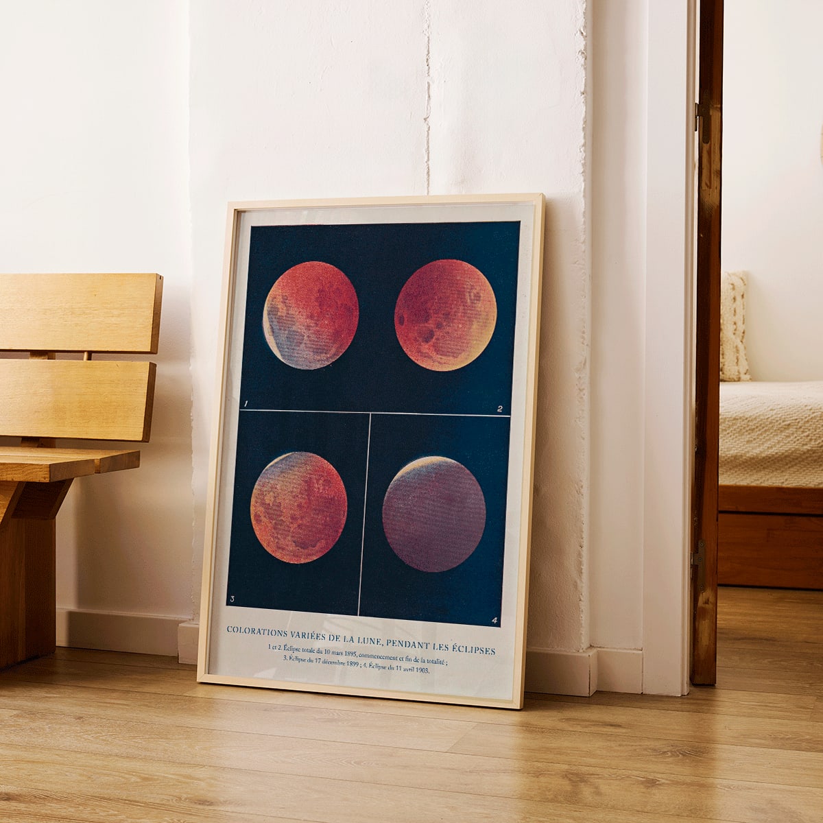 Lunar color variations during eclipses illustration and poster from Colorations variees de la Lune by Alphonse Berget, framed and displayed in modern living room decor