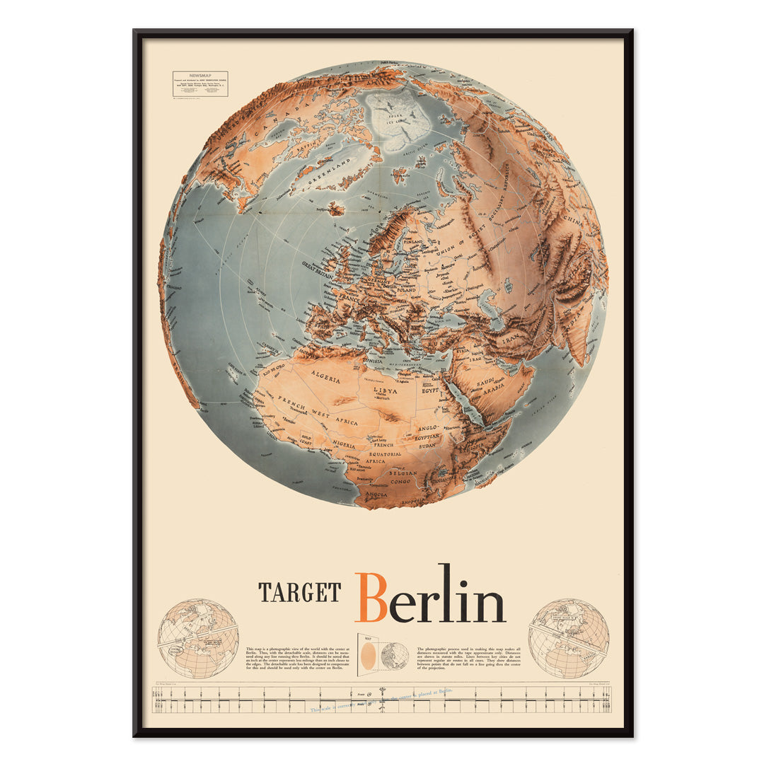 Vintage map illustration and poster of a globe centered on Europe and Africa with Target Berlin artwork Army Orientation Course by Manning FE, with black aluminium frame on white background