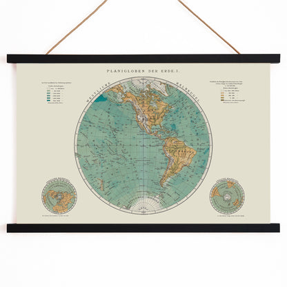 Vintage world map artwork and detailed continents poster Planiglobes of the Earth I by The Institute of Liepzig, with wooden magnetic frame on white background