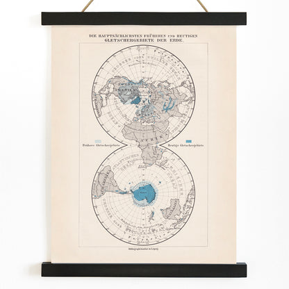 Vintage polar regions and glacier map illustrated artwork of Earth poles by Bibliographic institute of Liepzig, with wooden magnetic frame on white background