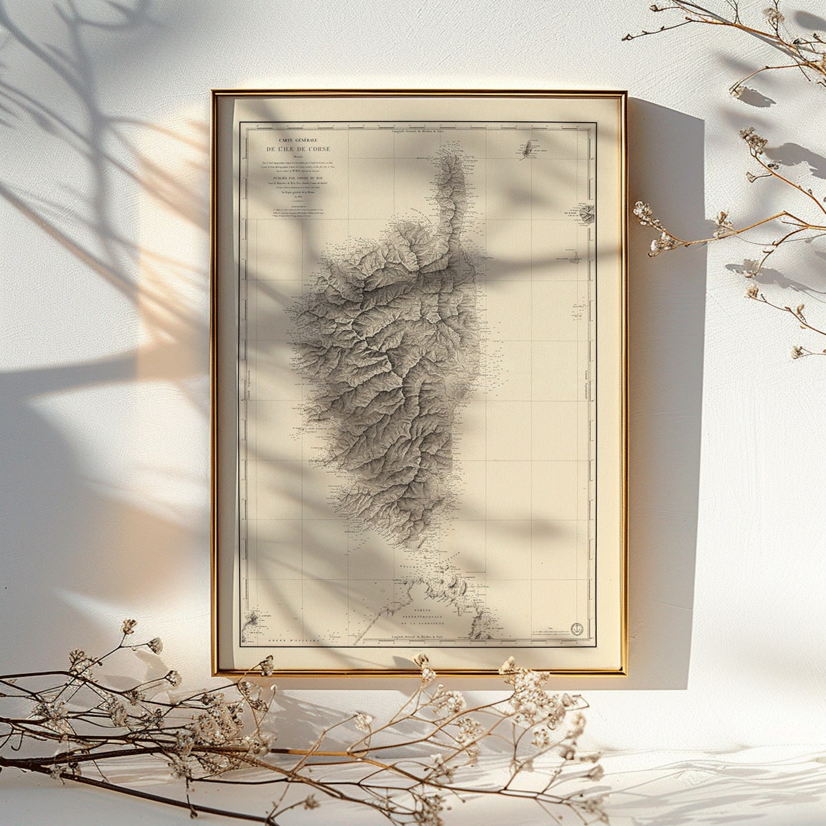 Antique map poster of Corsica Carte Generale De LIle De Corse by Depot General de la Marine detailed geographical wall art, framed and displayed in modern living room decor