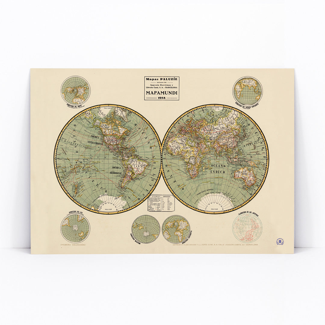 Vintage world map Mapamundi 2 by Paluzie Lucena Josep with detailed continents and country borders illustration poster, framed and displayed in modern living room decor