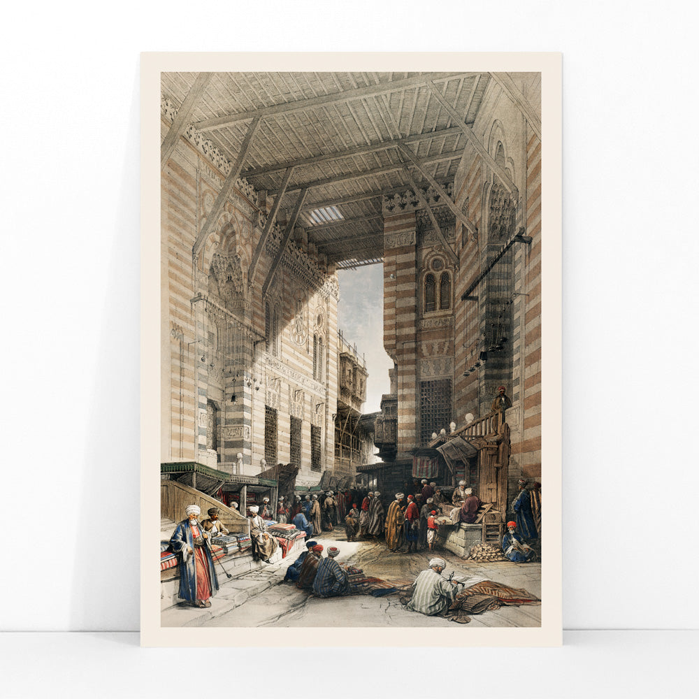 Bustling silk bazaar scene in Cairo with merchants and textiles artwork Bazaar of the silk mercers by David Roberts, framed and displayed in modern living room decor