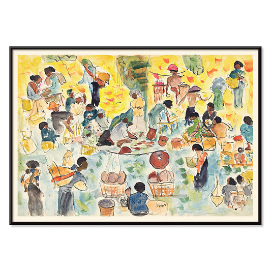 Vibrant market scene in the Dutch East Indies by Pierre Jean Apol featuring bustling merchants and colorful goods, with black aluminium frame on white background