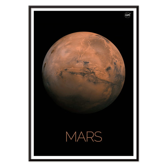 Mars by NASA framed poster featuring a detailed photo of the red planet with the title Mars at the bottom on a black background, with black aluminium frame on white background