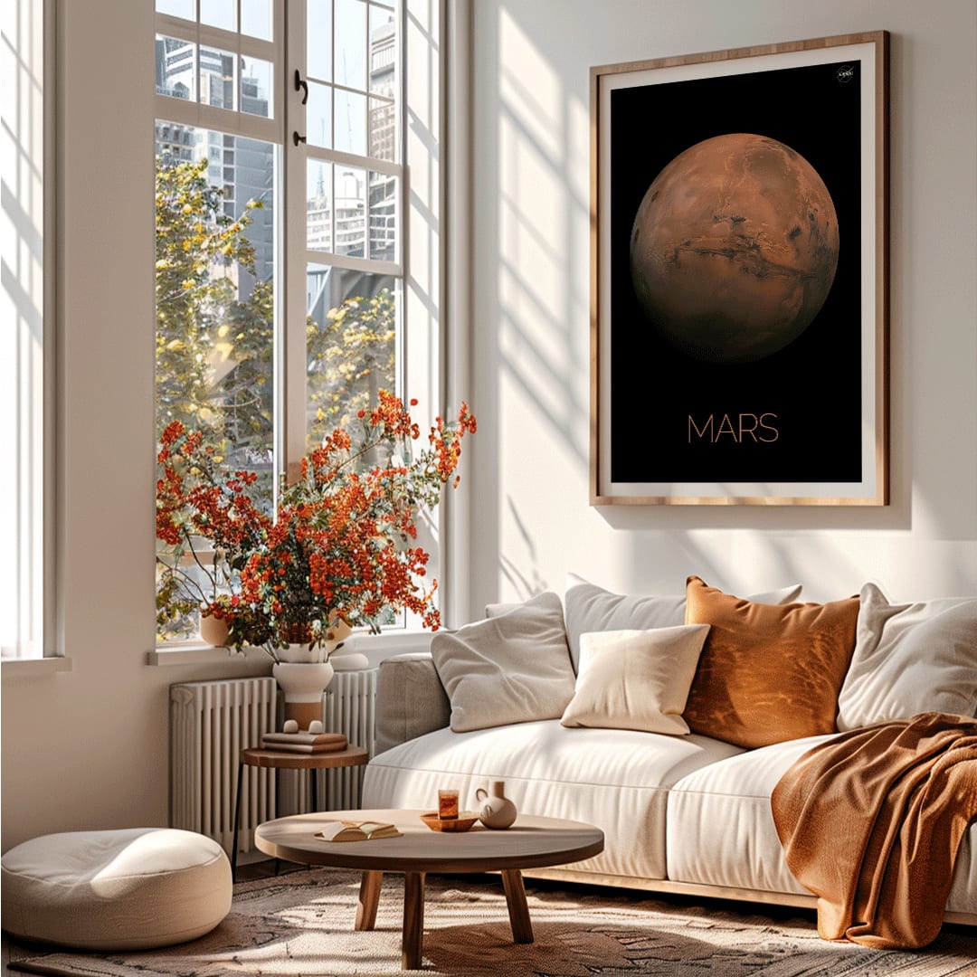 Mars by NASA framed poster featuring a detailed photo of the red planet with the title Mars at the bottom on a black background, framed and displayed in home decor