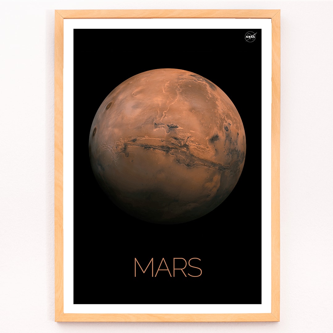 Mars by NASA framed poster featuring a detailed photo of the red planet with the title Mars at the bottom on a black background, framed and displayed in modern living room decor