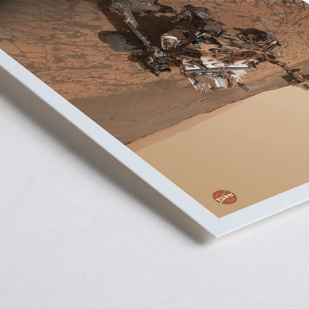 Closeup detail of Mars exploration rover by NASA on the Martian surface in the Rover on Mars poster with NASA logo in top right corner