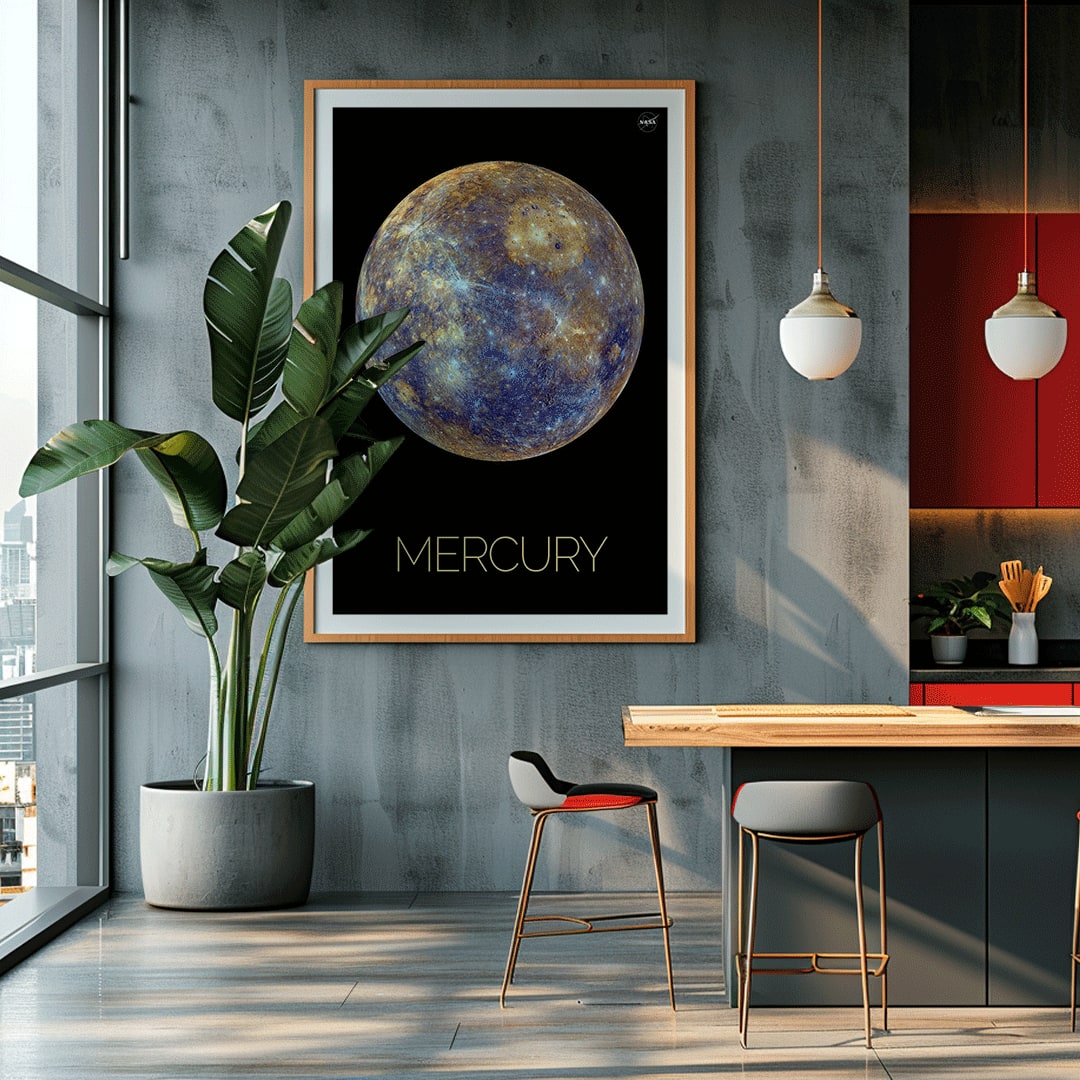 NASA Mercury artwork and poster showing the planet in vivid colors and detailed surface against a black background with Mercury title below, framed and displayed in home decor