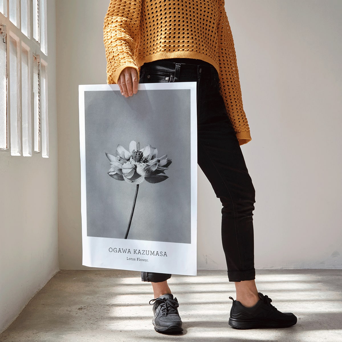 Monochrome lotus flower photography artwork by Ogawa Kazumasa minimal botanical wall art poster, framed and displayed in modern living room decor