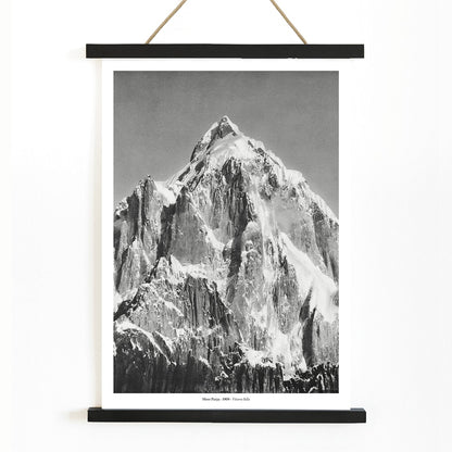 Mount Paitju snow-covered mountain and rugged terrain photo and poster by Vittorio Sella vue prise du Baltoro, with wooden magnetic frame on white background