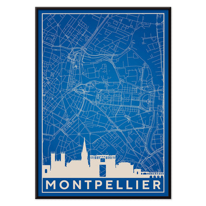 Minimalist map art print and detailed blue and white poster of Montpellier with city landmarks by Minimalist Montpellier Map, with black aluminium frame on white background
