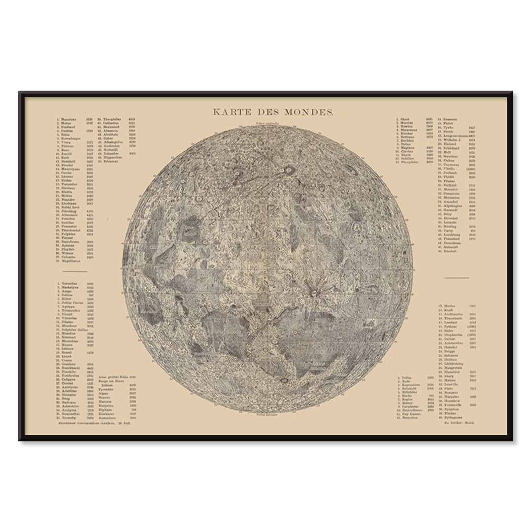 Detailed lunar surface illustration and poster with labeled features titled Map of the Moon by The Institute of Liepzig artwork, with black aluminium frame on white background