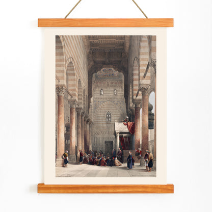 Interior of the mosque of the Metwalys by David Roberts with architectural details and people gathered inside grand hall poster, with wooden magnetic frame on white background