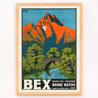 Closeup detail of Colorful vintage Swiss mountain landscape with stone bridge and river artwork Bex Brine Baths by Aime Felix Nicollerat