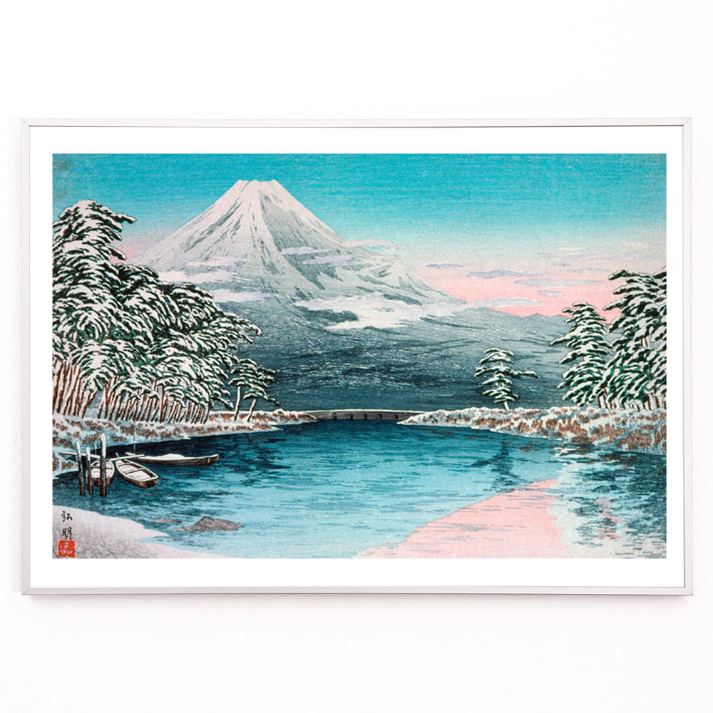 Closeup detail of Snow covered Mount Fuji with river trees tranquil lake boats and pine trees Mt Fuji from Tagonoura by Takahashi Hiroaki Japanese landscape art