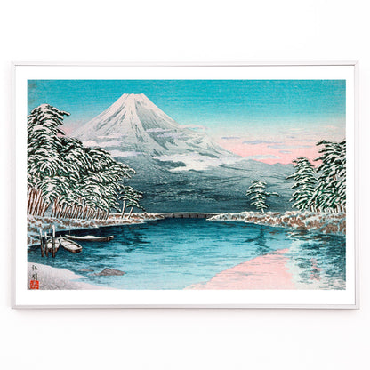 Closeup detail of Snow covered Mount Fuji with river trees tranquil lake boats and pine trees Mt Fuji from Tagonoura by Takahashi Hiroaki Japanese landscape art