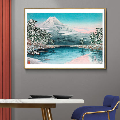 Snow covered Mount Fuji with river trees tranquil lake boats and pine trees Mt Fuji from Tagonoura by Takahashi Hiroaki Japanese landscape art, framed and displayed in home decor