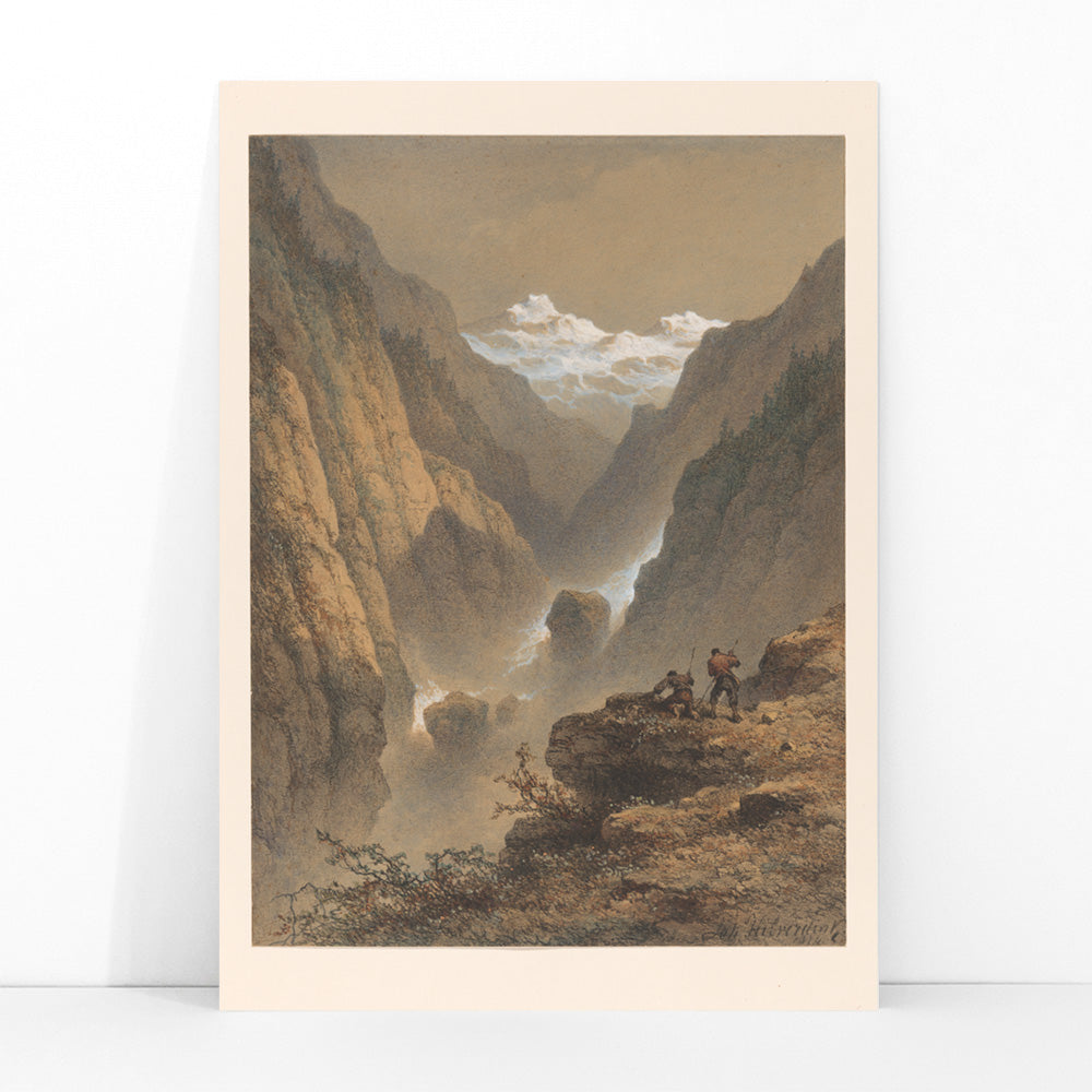 Two men hiking in dramatic mountain landscape poster by Johannes Hilverdink showing two guys in rocky mountains artwork, framed and displayed in modern living room decor