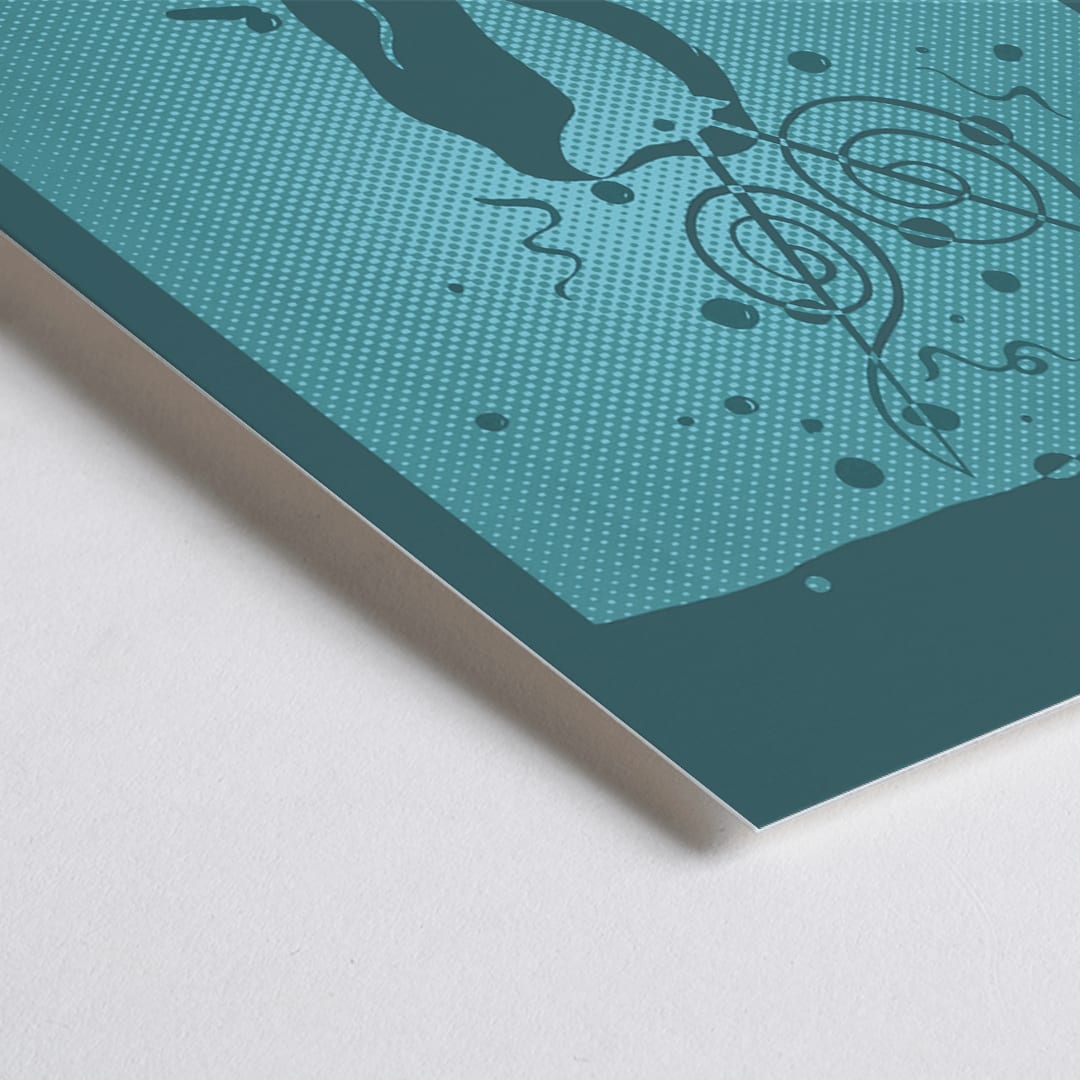 Closeup detail of Poster for Hodie School of Music Christmas concert by Lanny Sommese featuring abstract figures with musical notes on a teal background