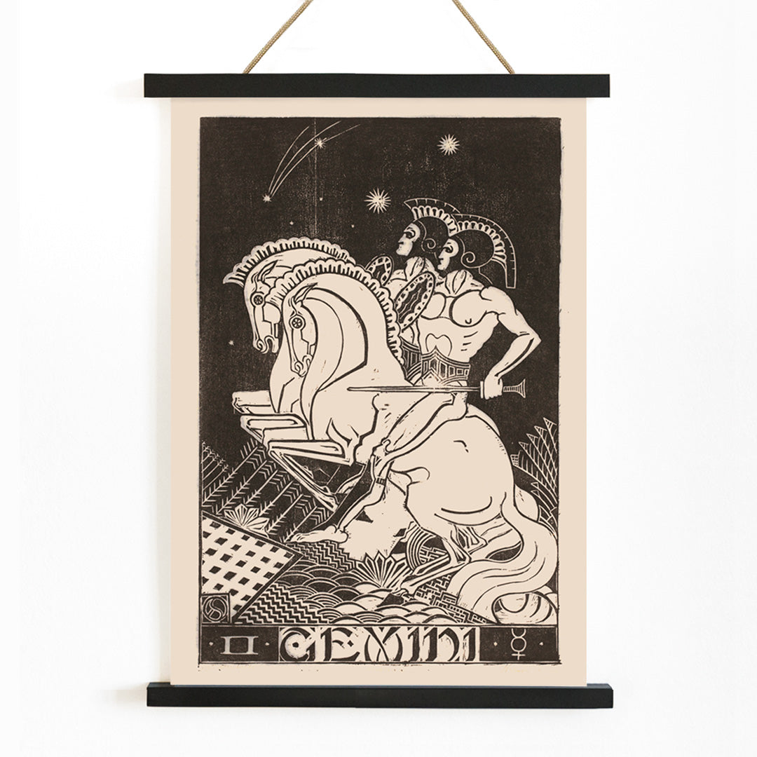 Gemini zodiac artwork by Henri van der Stok featuring two figures with chariot and horses under stars detailed black and white illustration, with wooden magnetic frame on white background