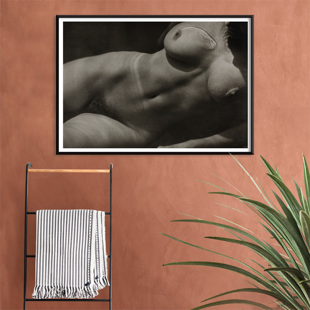 Black and white artistic photograph of reclining nude female torso Rebecca Salsbury Strand by Alfred Stieglitz, framed and displayed in home decor