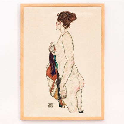 Closeup detail of Standing nude woman with a patterned robe artwork by Egon Schiele side view and colorful robe poster