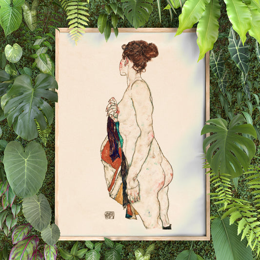 Standing nude woman with a patterned robe artwork by Egon Schiele side view and colorful robe poster, framed and displayed in home decor