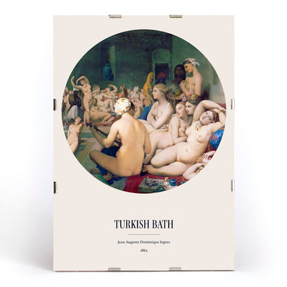 Poster of The Turkish Bath by Jean Auguste Dominique Ingres showing nude women lounging in a luxurious bathhouse setting, framed and displayed in modern living room decor