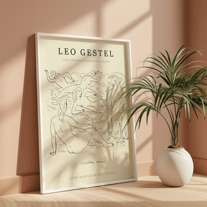 Poster of Nude Women Swimming on the Beach by Leo Gestel in Post Impressionist Style at Seibu Museum of Art Tokyo, framed and displayed in modern living room decor