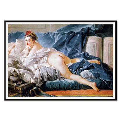 Brown Odalisque by Francois Boucher poster featuring a reclining nude woman on luxurious blue and white fabrics, with black aluminium frame on white background