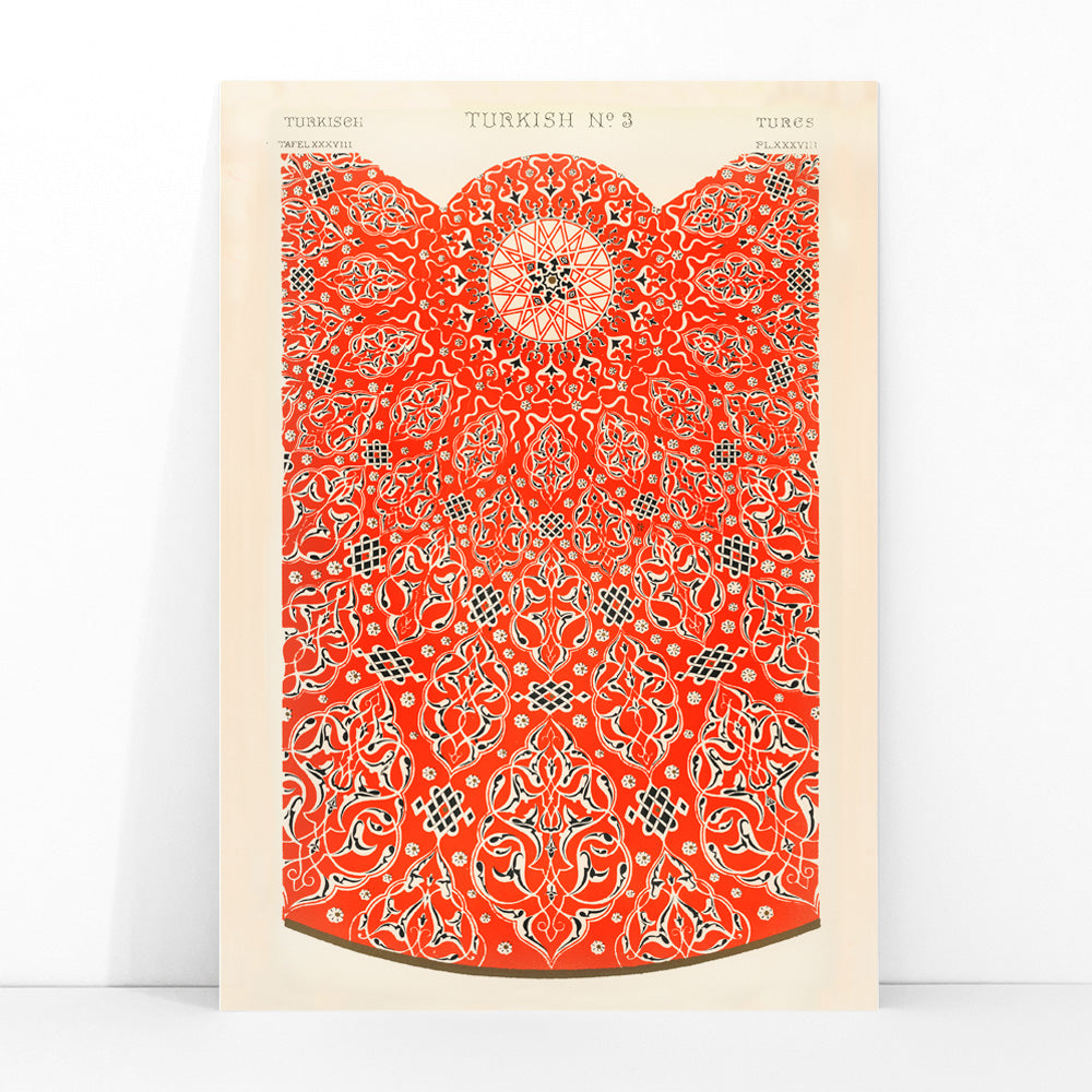 Intricate red and white Turkish ornamental pattern artwork poster by Owen Jones titled Grammar of Ornament featuring detailed geometric designs, framed and displayed in modern living room decor